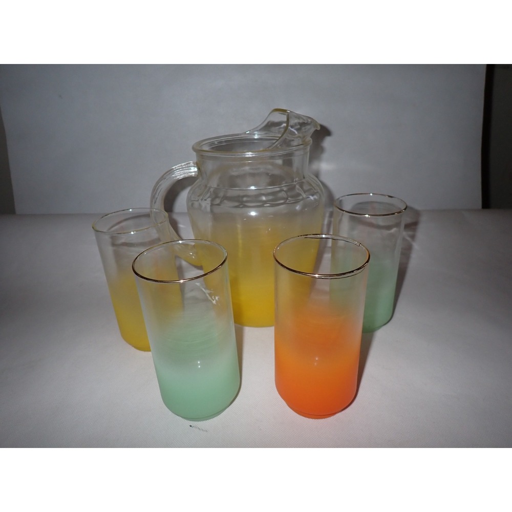 Vintage Frosted Ombre Glass Pitcher and 4 Tumbler Set Gold Rim Multi Color 5pc - Picture 7 of 15